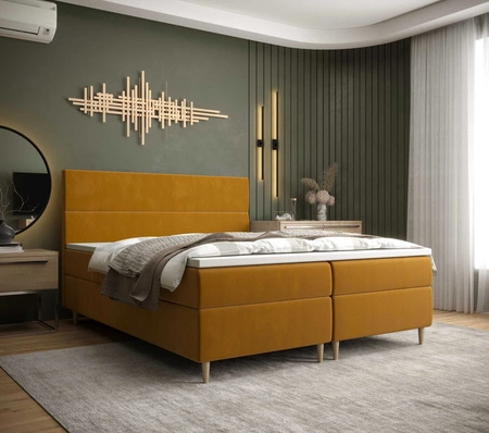 Kontinentální postel Bing 180x200 hořčice v moderním skandinávském stylu s výrazným čelem