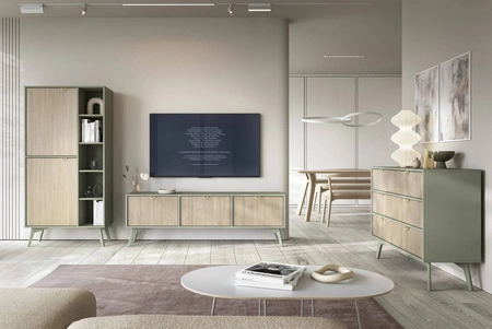 Komoda Wald 106 cm eukalyptus / béžová herringbone vkusný dekor herringbone na čelech komody designové úchyty na hranách