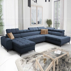 Rohová pohovka s funkcí spaní Bolmso VI modrá levá pohodlná rohová pohovka s nastavitelnými opěrkami hlavy dekorativní prošívání na sedáku