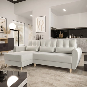 Rohová sedací souprava s funkcí spaní Rovigo krémová levá elegantní rohová sedací souprava ve skandinávském tvaru velký kontejner na lůžkoviny