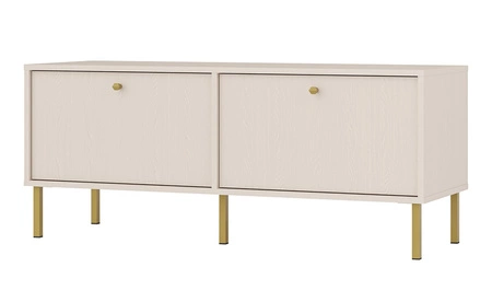 RTV skříň Kioto II 121 cm béžová elegantní skříň s dvířky otevíranými dolů tlumené barvy zlatý kovový podstavec