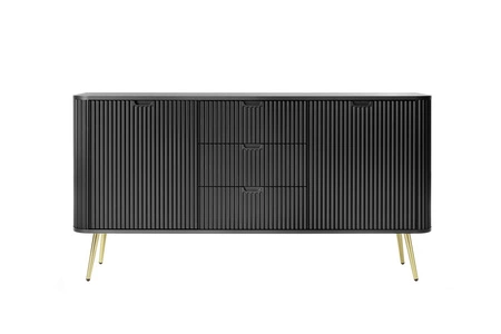 Černá komoda Zoya 168 cm elegantní design oválný tvar na kovových zlatých nohách vkusné rýhované čelo