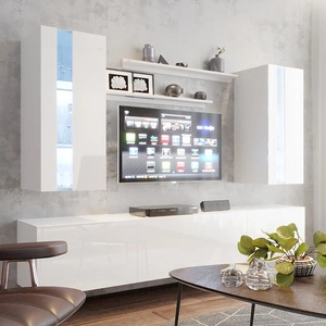 Tasos bílá / bílý lesk Minimalistický design nástěnné skříňky pro obývací pokoj nebo zasedací místnost Systém push to open