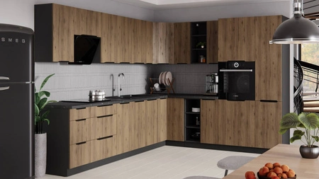 Brianza rohová sestava kuchyňského nábytku 310x250 cm kovové hrany úchytek skříňky vypadají skvěle v moderních interiérech