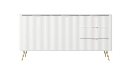 Zásuvková komoda Lante 163 cm bílá vkusná komoda s drážkovanými čely na vysokých šikmých nohách se stylovými úchyty