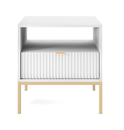 Lovro noční stolek se zásuvkou bílý vkusný drážkovaný dekor ideální skříňka do ložnice zlaté kovové doplňky