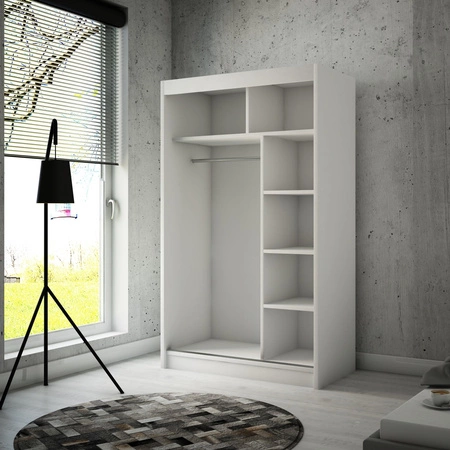 Posuvná šatní skříň Kristo 120 cm bílá pohodlná šatní skříň v módním trendu minimalismu, vybavená hliníkovým vedením dveří