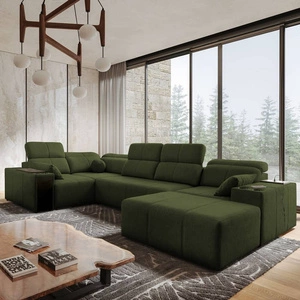 Rohová sedací souprava s funkcí spaní Tesalia IV zelená pravá komfortní rohová sedací souprava do obývacího pokoje s inovativní funkcí posuvného opěradla