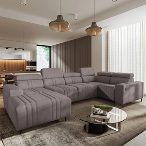 Rohová pohovka s funkcí spaní Castel IV šedohnědá levostranná stylová rohová pohovka s kontejnery na lůžkoviny a nastavitelnými opěrkami hlavy