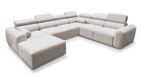 Rohová pohovka s funkcí spaní Cantare VIII béžová levá strana vkusná rohová sedací souprava s polohovatelnými opěrkami hlavy nádoby na lůžkoviny