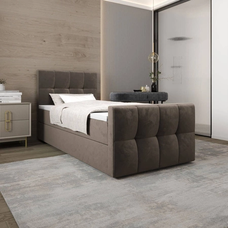 Kontinentální postel Manhattan 120x200 světle hnědá v moderním skandinávském stylu s čalouněným čelem a nohou postele s úložným boxem