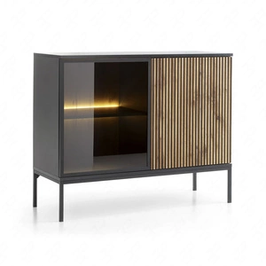 Amma 104 cm komoda černá / dub wotan netradiční design drážkovaná a prosklená čela se systémem otevírání push to open