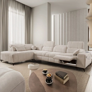 Rohová rozkládací pohovka s funkcí spaní Penejos XI Lux béžová levá stylová rohová rozkládací pohovka s pohodlnou výsuvnou opěrkou nohou