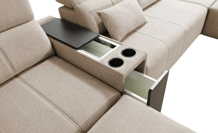 Rohová sedací souprava s funkcí spaní Tesalia V modrá levá komfortní rohová sedací souprava se zásuvkou a funkcí posuvného opěradla