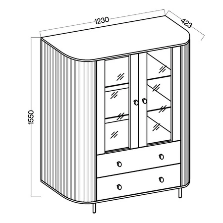 Ovalio 123 cm béžová designová vitrína do obývacího pokoje oválného tvaru s dekorativním frézováním prostorné zásuvky