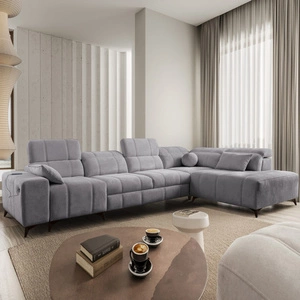 Rohová pohovka s funkcí spaní Penejos XI světle šedá pravá pohodlná rohová pohovka s nastavitelnými opěrkami hlavy a dvěma nádobami na lůžkoviny