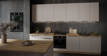 Sada kuchyňského nábytku Soela 330 cm elegantní kuchyňské skříňky v jemných a přírodních barvách úchyty s kovovými hranami