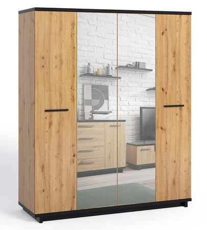 Zrcadlová šatní skříň Simi 180 cm dub artisan / černá minimalistický design klasický tvar ideální šatní skříň do ložnice nebo předsíně 
