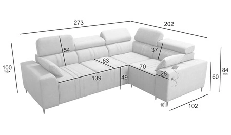 Rohová pohovka s funkcí spaní Castel II modrá pravá pohodlná rohová pohovka s nastavitelnými opěrkami hlavy kontejner na lůžkoviny