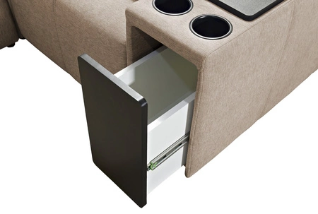 Rohová sedací souprava s funkcí spaní Tesalia medová levá moderní design pohodlný posuvný opěrák zásuvka v boku nábytku