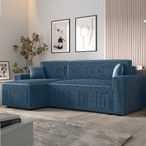 Rohová sedací souprava s funkcí spaní Brandon Bis modrá levá trojrozměrná tkanina s výrazným pruhovaným kontejnerem na lůžkoviny