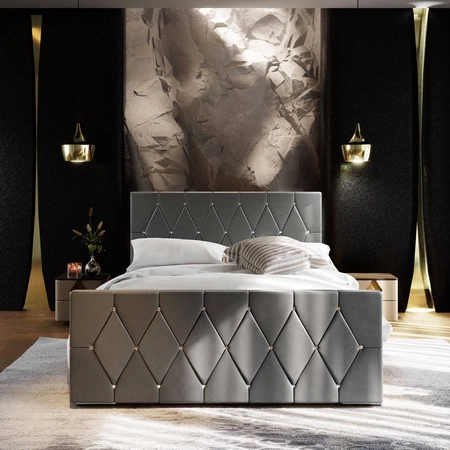 Čalouněná postel Tifton 160x200 světle šedá s úložným prostorem v moderním stylu s výrazným čelem a nohama s povrchovou úpravou krystaly