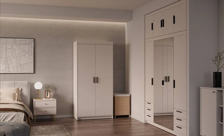 Šatní skříň Rene 90 cm béžová písková moderní design ideální šatní skříň do ložnice nebo předsíně stylové černé úchyty