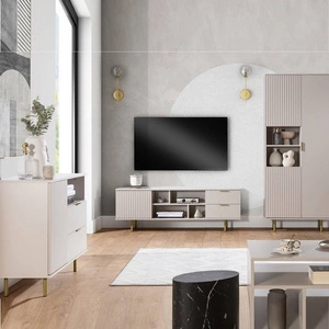 Sada nábytku do obývacího pokoje Sula béžová obohacená o kovové úchytky dekorativní drážkované přední části systém push to open