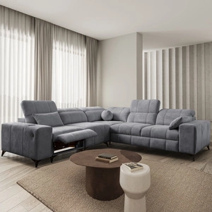 Rohová sedací souprava s funkcí spaní Penejos III Lux šedá levá komfortní rohová sedací souprava do obývacího pokoje s výsuvnou podnožkou kontejner na ložní prádlo