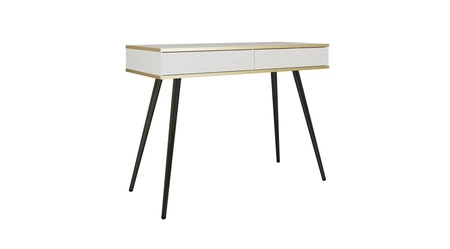 Luxusní bílá konzola se zásuvkami Stylový a elegantní toaletní stolek na vysokých černých nohách, doplněný zlatým lemováním