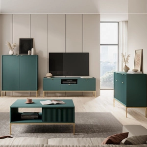 Nábytková sestava Lovro pastelově zelená moderní designová nástěnná skříňka obohacená o zlaté kovové doplňky nábytek do obývacího pokoje