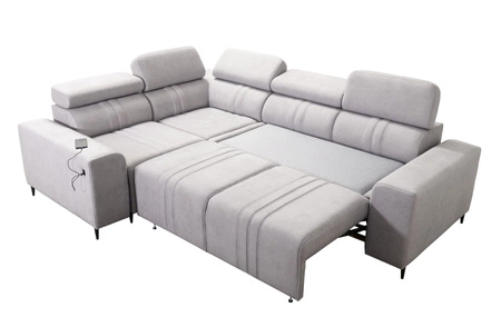 Rohová pohovka s funkcí spaní Castel II béžová levá pohodlná rohová pohovka s nastavitelnými opěrkami hlavy kontejner na lůžkoviny