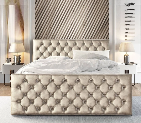 Čalouněná postel Viamao 140x200 béžová s kontejnerem v moderním skandinávském stylu s prošívaným čelem a nohou