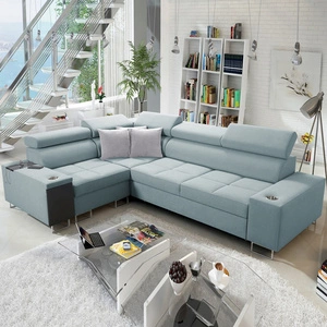 Rohová sedací souprava s funkcí spaní Dafni II arktická modrá levostranná proplétaná rohová sedací souprava s kontejnerem na lůžkoviny v boční části nábytku