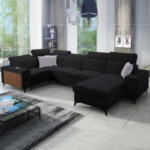 Rohová sedací souprava s funkcí spaní Kelly IV černá pravostranná proplétaná pohodlná rohová sedací souprava nastavitelné opěrky hlavy boční čalounění s lamelami