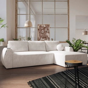 Rohová sedací souprava s funkcí spaní Colio krémová pravostranná stylová rohová sedací souprava se zajímavým tvarem velurové tkaniny s dekorativním polštářem koule