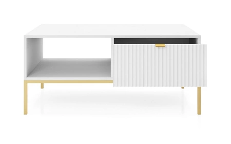 Nábytková sestava Lovro bílá moderní designová nástěnná skříňka do obývacího pokoje nebo zasedací místnosti obohacená o zlaté kovové doplňky