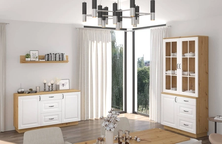 Scandi 100 cm řemeslný dub / bílá klasický design bezpečnostní tvrzené sklo stylová frézovaná čela kovové úchyty