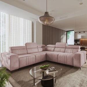 Rohová sedací souprava s funkcí spaní Castel III růžová levá rohová sedací souprava se dvěma kontejnery na lůžkoviny s nastavitelnými opěrkami hlavy