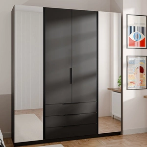 Zrcadlová šatní skříň Kastano II 200 cm černá klasický tvar úchyty na hraně ideální šatní skříň do ložnice prostorné zásuvky