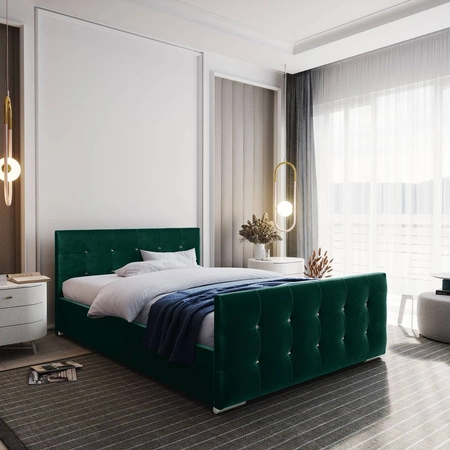 Čalouněná postel Alford 160x200 lahvově zelená s úložným prostorem v moderním skandinávském stylu s prošívaným čelem a nohama s povrchovou úpravou krystaly