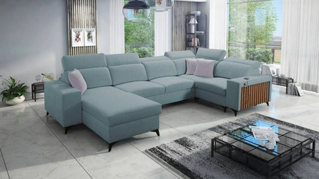 Rohová sedací souprava s funkcí spaní Kelly IV arctic blue levostranný výplet pohodlné rohové sedací soupravy nastavitelné opěrky hlavy boční čalounění s lištami