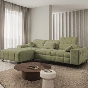 Rohová sedačka s funkcí spaní Penejos olivová levá elegantní rohová sedačka s úložným prostorem na lůžkoviny pohodlné nastavitelné opěrky hlavy