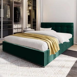 Čalouněná postel Montigo 160x200 lahvově zelená s úložným boxem v moderním skandinávském stylu s prošívaným čelem