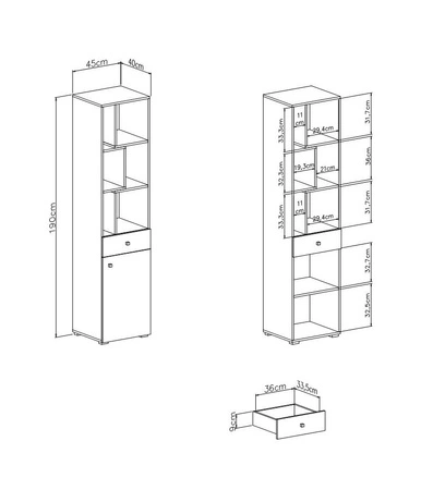 Knihovna Epsilon 45 cm beton / bílá / dub ideální do pokoje pro mládež stylová a funkční knihovna se zásuvkou
