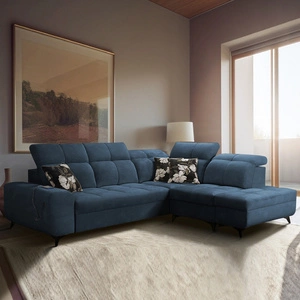 Rohová pohovka s funkcí spaní Buffalo VII modrá pravostranná stylová rohová pohovka s kontejnery na lůžkoviny velurová tkanina