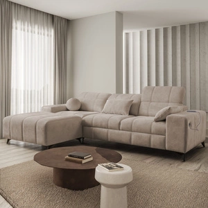 Rohová sedací souprava s funkcí spaní Penejos tmavě béžová levá elegantní rohová sedací souprava s úložným prostorem na lůžkoviny nastavitelné opěrky hlavy