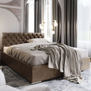 Čalouněná postel Bauru 160x200 světle hnědá s úložným boxem v moderním skandinávském stylu s prošívaným čelem s krystaly