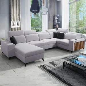 Rohová sedací souprava Kelly IV s funkcí spaní šedý jasan levá opletená pohodlná rohová sedací souprava nastavitelné opěrky hlavy boční čalounění s lamelami