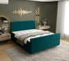 Tyrkysová kontinentální postel Benet 140x200 v moderním skandinávském stylu s výrazným čelem a nohou